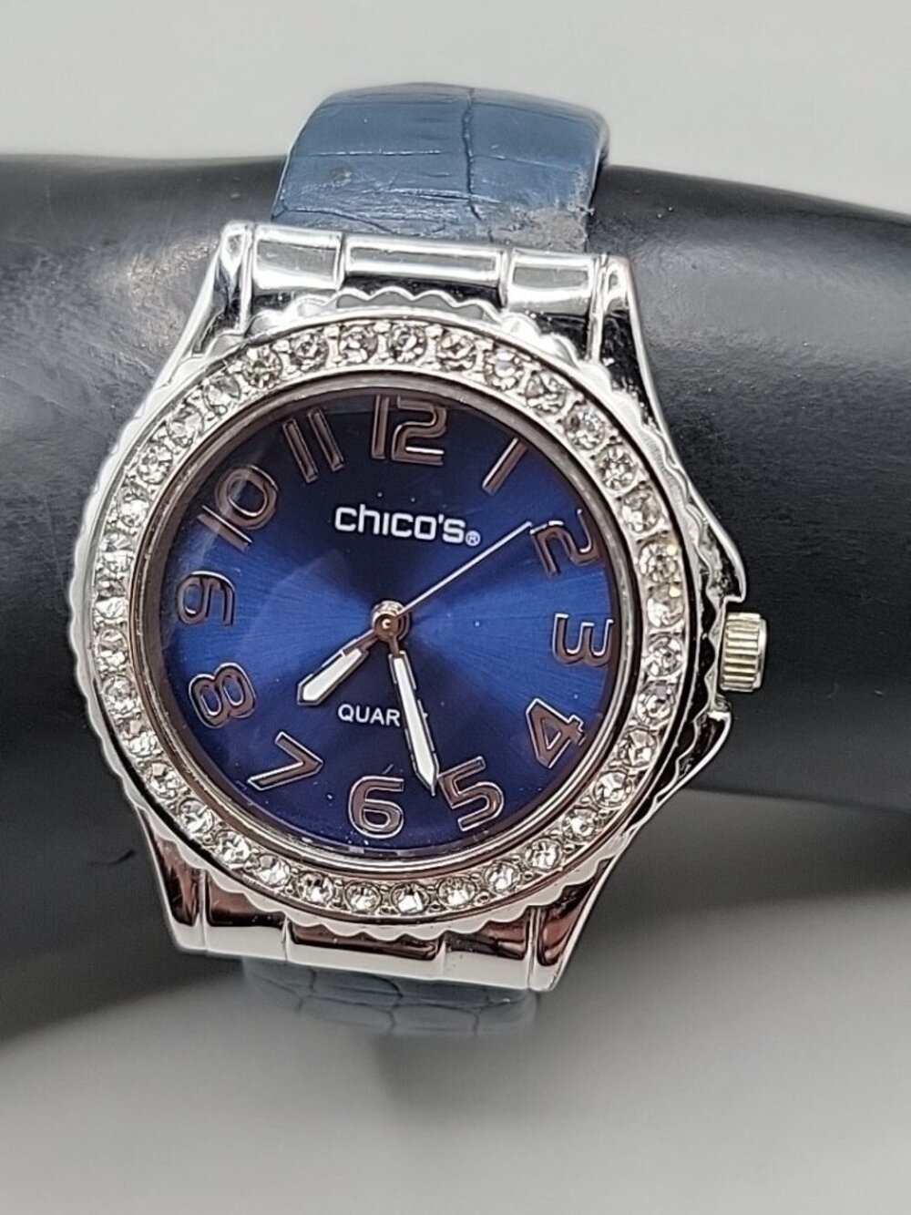 Chicos Ladies Quartz Open Cuff Bracelet Watch 7" 37mm Rhinestone Blue Face